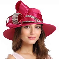 PRICES MAY VARY. ---Material---: Satin 100% Polyester. Decorated with rhinestone, flower and ribbon with stripe. Overly light and elegant; Sweatband drawstring adjuster inside. ---ONE SIZE FITS MOST---: Hat circumference 21.26"-22.83"; Height 3.94", Brim:3.14" , The adjustable cord and sweatband inside the hat can be easily adjusted. ---DESIGN---: Elegant,charming designed, decorated rhinestone,floral, Silk lining, fantastic ladies/women church hats for daily used. ---FASHIONABLE & VERSATILE---: Party Hats With Ribbon And Short Brim, Party Hat With Ribbon And Short Brim, Chic Party Hats With Ribbon, Summer Party Hat With Ribbon, Party Fascinator With Ribbon, Elegant Pink Hat With Ribbon, Summer Party Fascinator With Ribbon, Elegant Pink Hat With Bow, Spring Party Hat With Bow