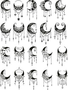 the moon and crescents are drawn in black ink on white paper, with beads hanging from