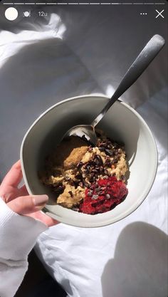 a person is holding a bowl of ice cream with berries and chocolate chips in it