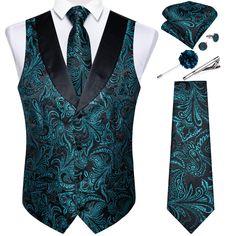 PRICES MAY VARY. 【PURCHASE CONTAINS】Silk Teal Paisley Vest+Necktie+Lapel Pin+Pocket Square+Cufflinks+Tie Clip.It's Proper gift for Christmas Day, Valentine's Day, Thanksgiving Day,Father's Day, Anniversary,birthday ect 【MATERIAL and CRAFT】High quality teal and black waistcoat and necktie are made from Silk. 2000 stitches jacquard woven craft, high-density fabric makes the suit vest and tie durable, non-deformed ,no pilling,no fading,and soft with a genuine look and feel. 【ELEGANT DESIGN】Jacquard Silk Formal Dress, Gold Man, Men Waistcoat, Slim Vest, Waistcoat Men, Silk Vest, Mens Suit Vest, Vest Set, Business Formal Dress