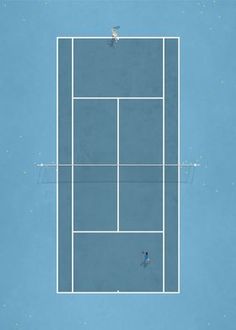 a blue tennis court with two people on it