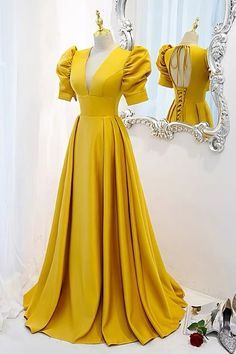 डिजाइनर कपड़े, Yellow Prom, Prom Dresses Yellow, Yellow Satin, A Line Prom Dresses, فستان سهرة, Prom Dresses With Sleeves, Evening Dresses Prom, Classy Dress