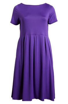 Comfortable stretch and plenty of colors to choose from make this A-line dress an instant favorite for your casual-smart wardrobe. 46" length Slips on over head Boat neck Short sleeves Unlined 92% polyester, 8% spandex Machine wash, tumble dry Imported Casual Pleated Purple Dresses, Casual Purple Pleated Dresses, Casual Purple A-line Midi Dress, Casual Stretch A-line Dress, Casual Purple A-line Dress, Flattering Solid Color A-line Dress, Solid Color Pleated Relaxed Fit Dresses, Smart Wardrobe, Lilac Dress