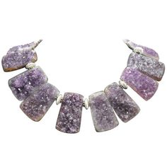 Fabulous Genuine Natural Gem Amethyst Quartz Necklace inter-spaced with Sterling Silver Rondelle Beads; held by a Square Silver Clasp. The rectangular Gem Amethyst Quartz Stones are polished on the back and left au naturel in front; each measuring approx. 52mm x 32mm with slight variations in size of each stone. Beautifully Hand crafted. Simply fantastic as you are! Sculptural Necklace, Fruit Necklace, Handmade Gold Jewellery, Square Necklace, Nature Necklace, Silver Necklace Statement, Purple Necklace, Gemstone Beaded Necklace, Amethyst Jewelry