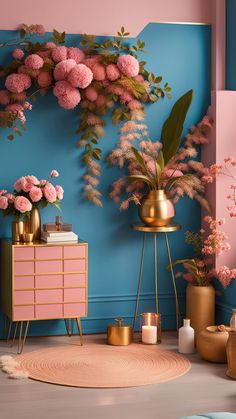 a pink and blue room with flowers on the wall, gold sideboard and rug