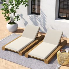 two chaise lounge chairs sitting on top of a wooden floor next to a potted plant