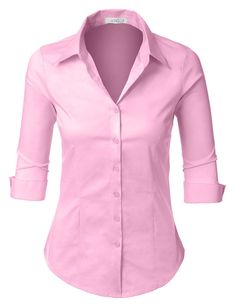 3/4-Sleeve Easy Care Shirt | LE3NO Solid Collared Dress Shirt For Office, Solid Color Collared Dress Shirt For Office, Spring Office Lady Shirt, Fitted Long Sleeve Office Shirt, Slim Fit Button-up Blouse, Fitted Long Sleeve Shirt For Office, Fitted Long Sleeve Shirt For Professional Wear, Classic Half Sleeve Office Blouse, Classic Half Sleeve Blouse For Work