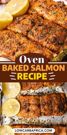 baked salmon with lemons and parsley on top is shown in this recipe for oven baked salmon