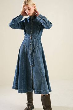 A washed denim midi dress featuring shirt collar, long sleeve, button down with self belt and full skirt 92% COTTON 8%POLYESTER Knee-length Washed Blue Denim Dress For Fall, Fall Knee-length Washed Blue Denim Dress, Denim Blue Collared Dress For Fall, Collared Denim Blue Dress For Fall, Chic Washed Blue Denim Dress For Fall, Dark Wash Long Sleeve Washed Dress, Fall Medium Wash Collared Dress, Chic Washed Long Sleeve Denim Dress, Spring Washed Denim Dress For Workwear