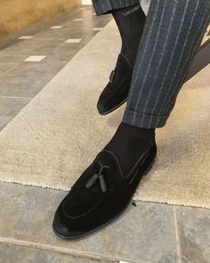 Black Suede Slip-on Tassel Loafers, Black Slip-on Tassel Loafers With Plain Toe, Black Plain Toe Slip-on Tassel Loafers, Business Tassel Loafers With Plain Toe, Black Tassel Slip-on Loafers, Formal Black Tassel Loafers, Black Leather Tassel Loafers, Gifts Box, Black Suede Shoes