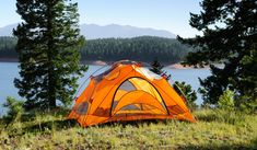 an orange tent sitting on top of a lush green field next to a body of water