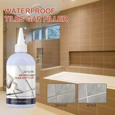 a bottle of waterproof tile sealer sitting next to a bathtub and sink