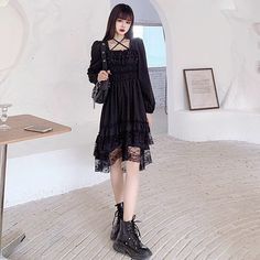 Black Romantic Gothic Dark Fairy Dress with stretchy bodice, high-low silhouette and lace ruffles. Bust: 78-92cm Length: 92-103cm Sleeve: 58cm Fairy Party Dress, Tattoo T, Skull Rock, Gothic Women, Tattoo T Shirt, Black Collared Dress, Black Fairy, Fairy Party, Casual Day Dresses