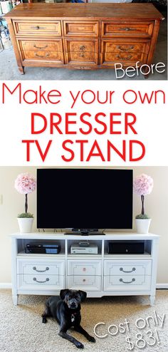 a white tv stand with a black television on it and the words make your own dresser tv stand