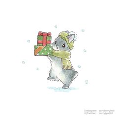 a drawing of a koala holding a christmas present