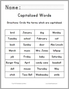 capitalized words worksheet with the names and numbers for each word in it