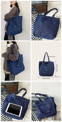 four pictures showing how to make a denim bag with an ipad in the front and side