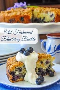 old fashioned blueberry buckle on a white plate