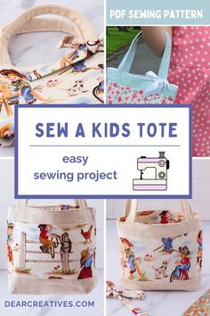 Sew A Kid's Tote Bag - Easy sewing pattern to sew a tote bag for kids. Use fabric scraps or purchased fabric to customize your little tote bag. Make this for a handmade gift, make Easter bags... Toddlers, pre-schoolers, and little kids will love carrying their favorite things in a fabric tote bag you made for them! Find this and more sewing projects and DIYs at DearCreatives.com  Images of a fabric tote bag using cute cowboy and cowgirl fabric and a tote bag using floral fabrics and ribbons... Kids Bags To Sew, Diy Purse For Toddler, Free Sewing Patterns For Kids, Sew A Tote Bag, Toddler Tote Bag, Handmade Kids Bags, Kids Sewing Pattern