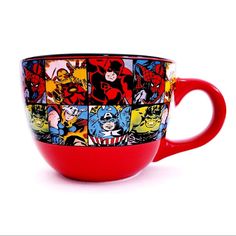 a red coffee cup with comic characters on the front and sides, sitting against a white background