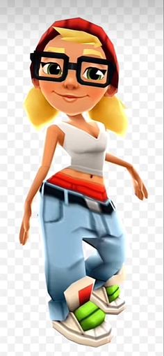 a cartoon girl riding a skateboard with glasses on her head and wearing blue jeans