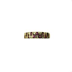 Vintage 18K Yellow Gold Pink sapphire and Diamond Ring Size 6 JAGi Certified #15460- This elegant band features ten emerald cut pink sapphires and ten round brilliant cut diamonds set in classic 18K yellow gold.  Width: 4 mm.  Shank: 2 mm. Total sapphire weight:  .40 ct. Total diamond weight: .14 ct. Diamond clarity: SI2-I1 Diamond color:  H-I Ring size:  6 Stamped: 18K  750 Weight: 3.5 gr./ 2.3 dwt. JAGi Certificate included. Very good condition, professionally polished. Will come packaged in a gift box or pouch (when possible) and will be shipped U.S. Priority Mail Insured. DV100923/17KCS Gold Multi-stone Pink Sapphire Ring, Yellow Gold Multi-stone Emerald Cut Sapphire Ring, Gold Ruby Ring With Emerald Cut And Accent Stones, Gold Multi-stone Pink Sapphire Jewelry, Pink Sapphire Multi-stone Gold Jewelry, Gold Rings With Multi-stone Pink Sapphire, Emerald Cut Multi-stone Sapphire Ring In Yellow Gold, Gold Jewelry With Multi-stone Pink Sapphire, Gold Multi-stone Jewelry With Pink Sapphire