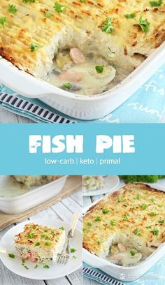 fish pie in a casserole dish on a blue and white tablecloth with text overlay