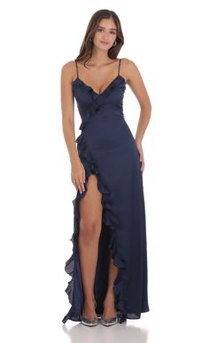 Ruffle V-Neck Maxi Dress in Navy Navy Wedding Guest Dresses, Fall Formal Dresses, Silk Prom Dress, Navy Prom Dresses, Navy Blue Prom Dresses, Shimmery Dress, Winter Formal Dresses, Classy Prom Dresses, Banquet Dresses