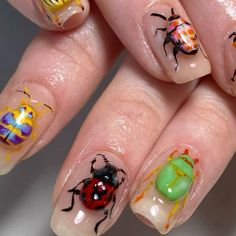 3d Halloween Nails, Beetle Nails, Silly Nails, Ladybug Beetle, Nails Aesthetic, Grunge Nails, Oval Nails