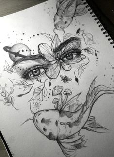 a drawing of a woman's face with fish and flowers on her forehead, in pencil