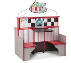 an old fashioned diner booth with red and white checkered walls, two booths on each side