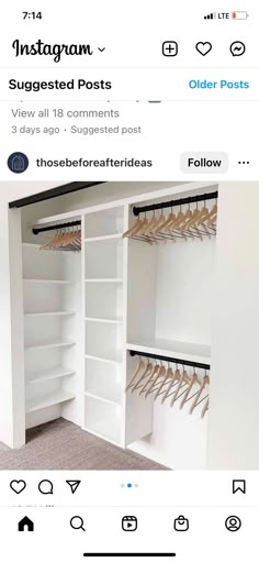 a white closet with shelves and clothes hanging on the hooks, in front of an instagram page