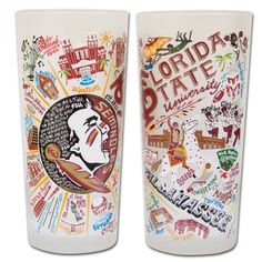 two florida state university tumblers are shown with the words and symbols on each one