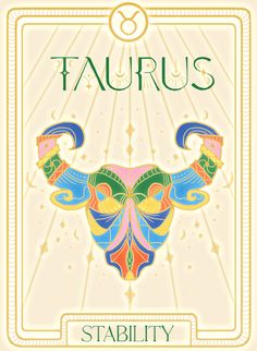 the zodiac sign taurus is depicted in this colorful card deck design, which features an image of a bull's head with horns on it