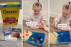 two pictures of a baby sitting on the floor playing with food and cereal in front of them