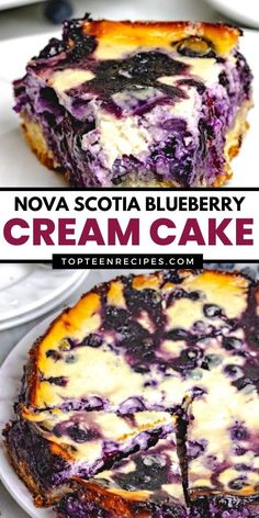 a blueberry cream cake on a white plate