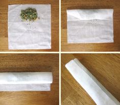 four different pictures of napkins with herbs on them and one rolled up in half