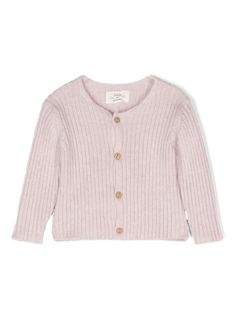 lilac purple ribbed knit front button fastening crew neck long sleeves mini logo tag straight hem Dress With Jean Jacket, Baby Boy Accessories, Cardigan Pink, Mini Logo, Dolce And Gabbana Kids, Mini Logos, Ribbed Cardigan, Kids Jordans, Logo Tag