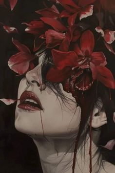 a painting of a woman with flowers in her hair and blood dripping from her face