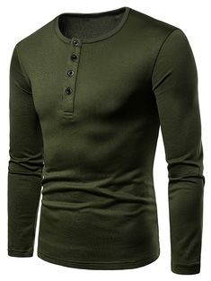 Henry Neck Long Sleeve Tee - Army Green - 3N91382632 - Men's Clothing, Men's Tops & T-Shirts, Men's T-Shirts  #MensTShirts #Men's #Clothing # #Men's #Tops #& #TShirts # #Men's #TShirts Slim Fit Plain Cotton Tops, Slim Fit Cotton Plain Tops, Cotton Slim Fit Plain Tops, Fitted Casual Winter T-shirt, Green Fitted Long Sleeve T-shirt, Solid Slim Fit Crew Neck T-shirt, Solid Slim Fit Tops For Fall, Slim Fit Tops For Fall, Slim Fit Top For Fall