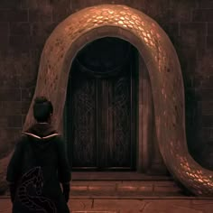 a person standing in front of a door with a snake on it's back