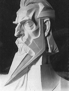 a black and white photo of a man's head with a knife sticking out of it