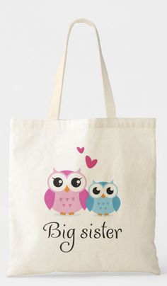 Cute owls big sister little brother cartoon tote bag Super cute big sister tote bag featuring two cartoon owls, one big pink as the big sister and one smaller blue owl as the little brother. Between them are hearts as a symbol of love. Cute and fun design, makes a great gift for big sisters and big sisters to be. Cute Tote Diaper Bag, Playful Personalized Bags For Gifts, Personalized Playful Bags For Gifts, Playful Personalized Bags For Daily Use, Playful Personalized Everyday Bags, Personalized Playful Bags, Playful Personalized Bags For Everyday Use, Personalized Playful Bags For Everyday Use, White Rectangular Diaper Bag Gift