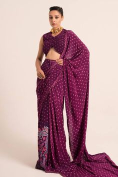 Ink purple pre-drapped saree featuring floral pattern with sequin, salli, bead work on the hem. Paired with an embellished blouse. - Aza Fashions Drape Saree, Scallop Hem, Embellished Blouse, Blouse For Women, Saree With Blouse, Scalloped Hem, Aza Fashion, Bead Work, Floral Pattern