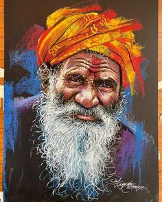 an old man with white beard and orange turban is featured in this painting