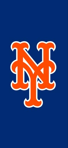 the new york mets logo is shown in orange on a blue background with white lettering