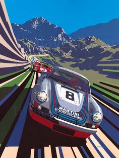 a painting of two race cars driving down a track with mountains in the back ground