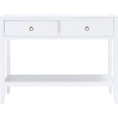 a white console table with two drawers