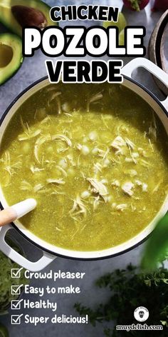 chicken pozole verde soup in a pot