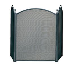 a fireplace screen with an ornate design on the top and bottom panel, in dark green